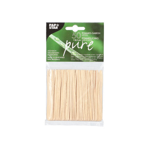 Die Pommes-Frites-Gabeln „pur“ der PAPSTAR GmbH gibt es im 50er-Pack Holzgabeln (8,5 cm) aus nachwachsenden Rohstoffen – eine nachhaltige und praktische Wahl im praktischen Klarsichtbeutel.