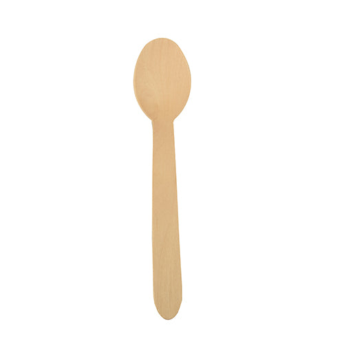 Ein einzelner PAPSTAR Holzlöffel „pure“ (15,7 cm) mit flachem Griff und abgerundeter Laffe der PAPSTAR GmbH (500 Stück/Karton), abgebildet auf weißem Hintergrund.