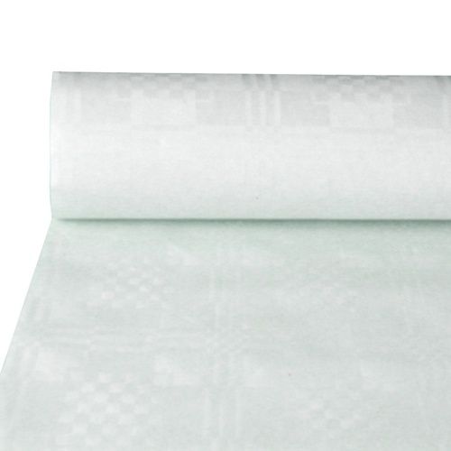 Ein teilweise ausgerolltes Papiertischtuch der PAPSTAR GmbH mit Damastprägung (weiß, 50 m x 0,8 m Rolle) liegt auf einem Tisch – ideal für elegante Tischdekoration.