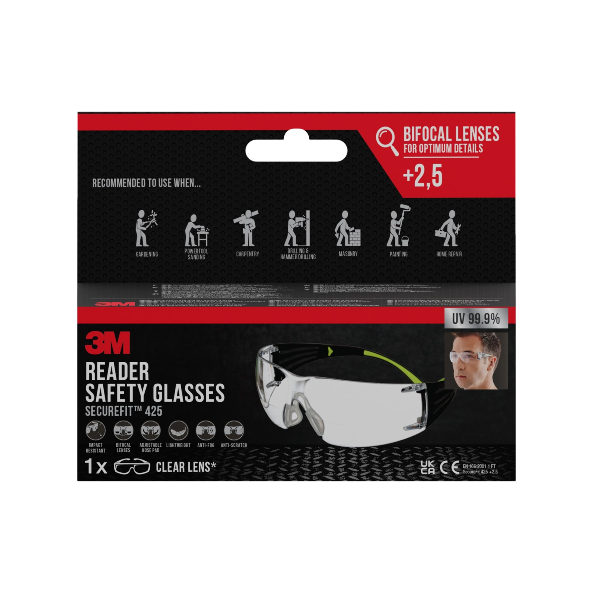 Vorderansicht der Verpackung der 3M™ SecureFit™ Lese-Schutzbrille der 3M Deutschland GmbH mit der Brille, dem Etikett "+2,5 bifokale Gläser" und den Symbolen für Gartenarbeit, Reinigung, Schreinerei, Autoreparatur, Malerei und Heimwerkerarbeiten.