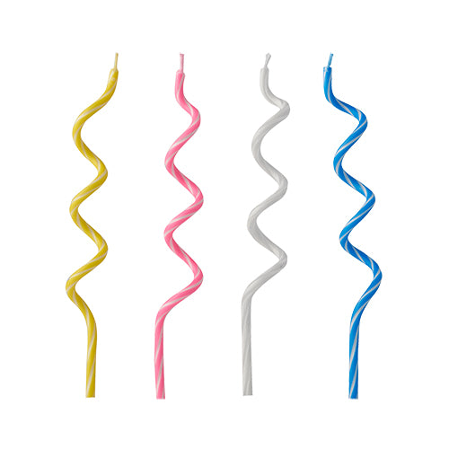 Zwölf PAPSTAR GmbH Spirale Geburtstagskerzen (12,5 cm), farbig sortiert, stehen aufrecht vor weißem Hintergrund; Die gedrehten Kerzen sind ideal für Geburtstage und Jubiläen. Blisterpackung mit 12 Stück.