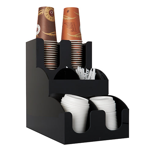 Der Starpak Spender für Trinkbecher und Deckel "To Go" sortiert braune und weiße Becher, Plastikdeckel sowie Kaffeesticks in separaten Fächern - modern und übersichtlich im gestuften Design.