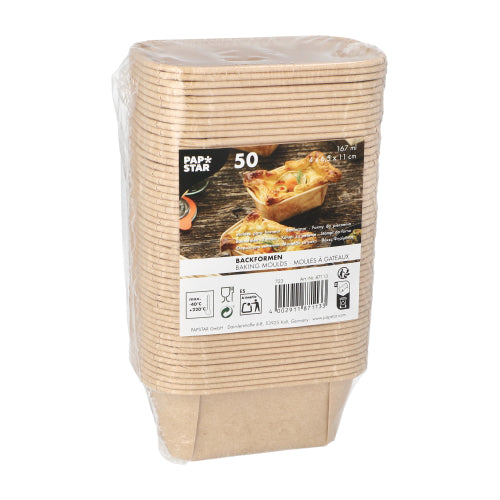 Ein Stapel von 50 PAPSTAR „pure“ rechteckigen braunen Backformen (167 ml, 4 × 6,5 × 11 cm), verpackt in umweltfreundlicher Schrumpffolie; das Etikett zeigt Backwaren, Produktinformationen und Symbole. Marke: PAPSTAR GmbH.