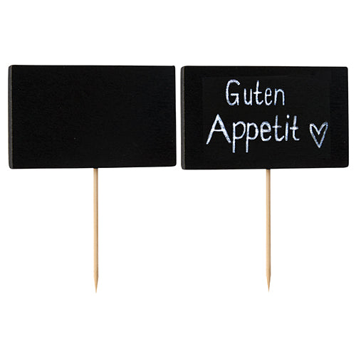 Zwei kleine Tafeln auf PAPSTAR 100 Fingerfood-Picker von PAPSTAR GmbH aus Bambusholz: eine blanko, die andere mit "Guten Appetit" und Herz in Weiß beschriftet.
