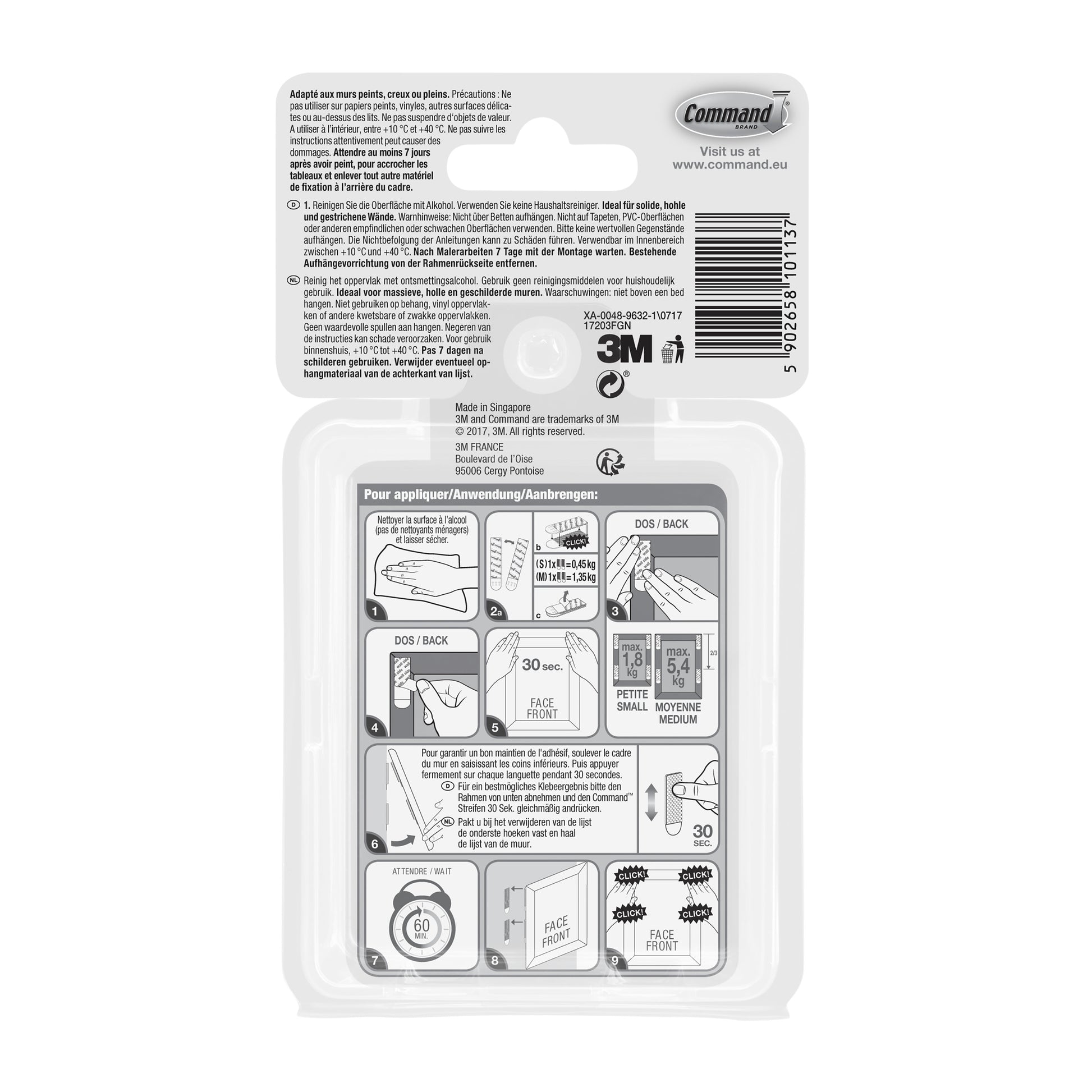 Die Verpackung der Kleinen und mittelgroßen Command™ Bilder-Montage Strips, Vorteilspack, 17203 (1 Stück) der 3M Deutschland GmbH enthält eine französische und niederländische Gebrauchsanweisung mit Anwendungsdiagrammen sowie Text und Barcode am oberen Rand.