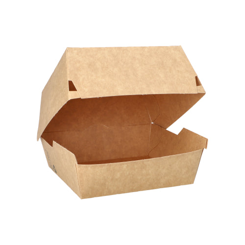 Die PAPSTAR 80 Burgerboxen der PAPSTAR GmbH sind braune Kartonbehälter („100% Fair“), die offen und leer auf weißem Hintergrund abgebildet sind – perfekt für Öko-Restaurants, die auf der Suche nach nachhaltigen Burgerboxen sind.