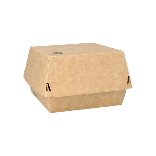 Abgebildet ist eine braune PAPSTAR 80 Burgerbox „100% Fair“ aus Karton der PAPSTAR GmbH, verschlossen mit Klappdeckel und abgewinkelten Seiten, perfekt als nachhaltige Option für umweltfreundliche Gastronomiebetriebe.