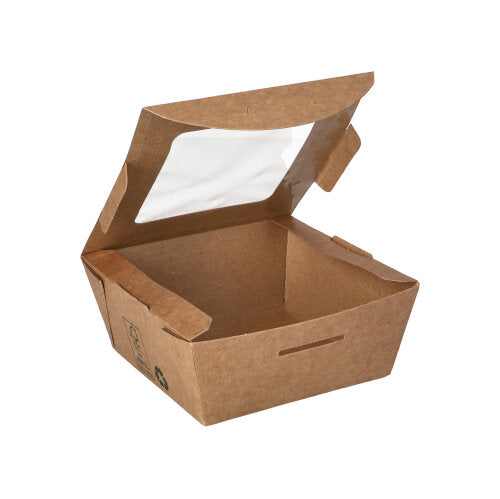 Die 40 Feinkostboxen „pure“ der PAPSTAR GmbH sind rechteckige braune Kartonschachteln mit PLA-Fenster, geöffnet und leer auf weißem Hintergrund abgebildet.