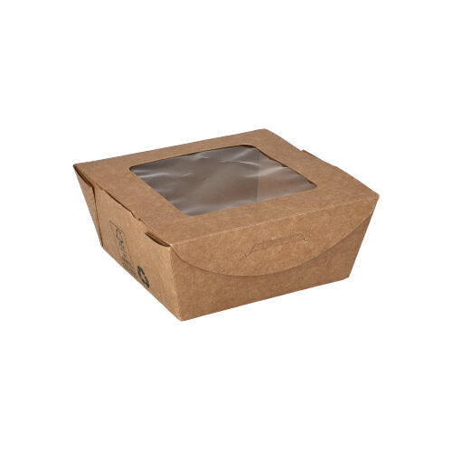 Eine braune Feinkostbox aus Karton mit klarem PLA-Sichtfenster von PAPSTAR GmbH, Modell „pure“, eckig, 100% Fair. Die Box ist geschlossen, hat einfach gefaltete Kanten und besteht aus umweltfreundlichen Materialien.