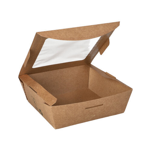 Eine braune, rechteckige PAPSTAR Feinkostbox (650 ml, 4,5x12x12 cm) aus umweltfreundlicher Pappe mit PLA-Sichtfenster ist offen und leer auf weißem Hintergrund zu sehen. Verpackung: „100% Fair“ Folie, 40 Stück.