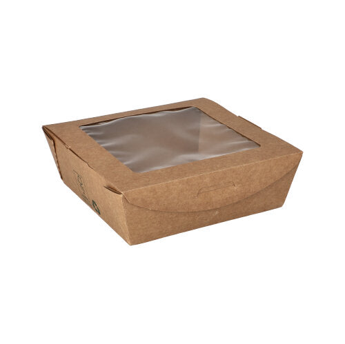 Eine braune, rechteckige PAPSTAR Feinkostbox (650 ml, 12x12x4,5 cm) aus Pappe mit PLA-Sichtfenster, umweltfreundlich und Einweg, wird leer und geschlossen vor weißem Hintergrund gezeigt (40 Stück, „100% Fair“).