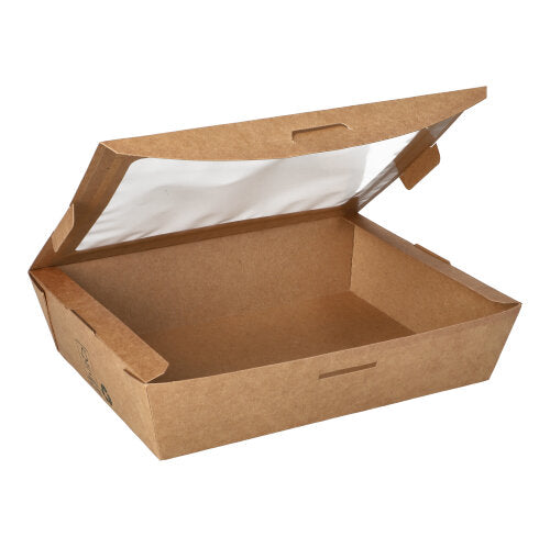 Die PAPSTAR 40 Feinkostboxen der PAPSTAR GmbH sind eine braune, rechteckige Take-away-Box aus Karton mit PLA-Fenster, gefalteten Kanten und Klappdeckel. Hergestellt aus 100 % fairen Materialien, ist sie umweltfreundlich und praktisch für die Lebensmittelverpackung.