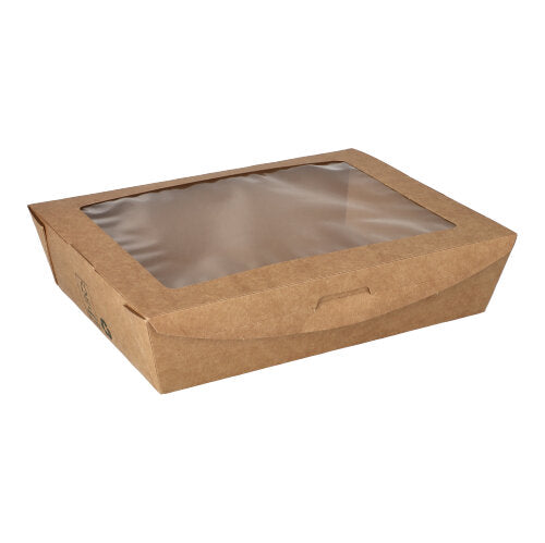 Die PAPSTAR 40 Feinkostboxen aus brauner Pappe mit PLA-Sichtfenster „pure“ sind rechteckig, umweltfreundlich und von der PAPSTAR GmbH. Die geschlossene Box liegt auf weißem Hintergrund und zeigt den Inhalt durch das klare Fenster.
