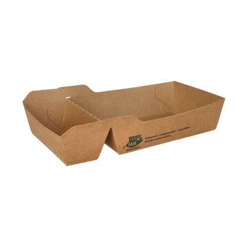 Die PAPSTAR 80 Pommes-Frites-Schalen (Pappe "pure" 2-geteilt, braun) der PAPSTAR GmbH sind braune rechteckige Schalen mit Trennwand, abgeschrägten Seiten, hochgezogenem Rand und seitlichem Öko-Hinweis "100% Fair" aus Recyclingmaterial.