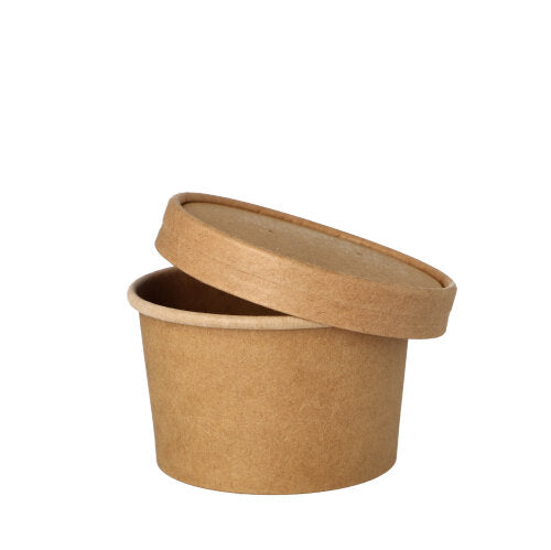 Der PAPSTAR 25 Suppenbecher (Pappe, rund, 230 ml, Ø 9,8 cm, braun) der PAPSTAR GmbH mit passendem Deckel ist teilweise geöffnet auf weißem Hintergrund abgebildet – perfekt für den Take-away in der Gastronomie. Inhalt: 25 Stück pro Packung.