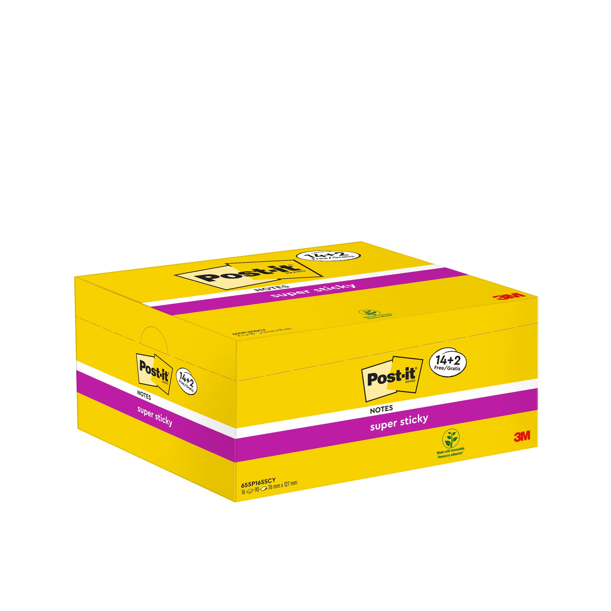 Eine gelbe und lilafarbene Schachtel Post-it® Super Sticky Notes (76 x 127 mm, 90 Blatt/Block, 14 Blöcke + 2 gratis) der 3M Deutschland GmbH wird vor einem weißen Hintergrund mit Produkt- und Werbedetails gezeigt.
