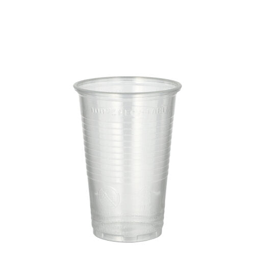 Der Starpak 25 Trinkbecher aus PP (0,2l, Ø7,03cm, 9,9cm) ist transparent mit horizontalen Rillen und leicht ausgestelltem Rand – ideal für unterwegs.