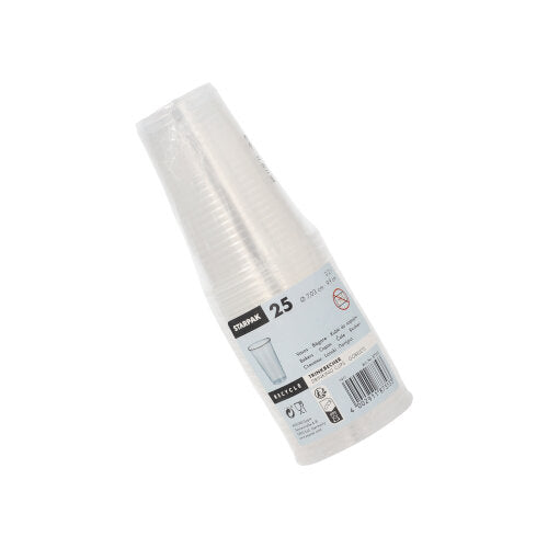 Ein Stapel von 25 Starpak Trinkbechern (0,2l, PP, Ø 7,03cm · 9,9cm) in durchsichtiger Kunststoffverpackung mit Etikett und Recycling-Info, abgebildet auf weißem Hintergrund – ideal für unterwegs.
