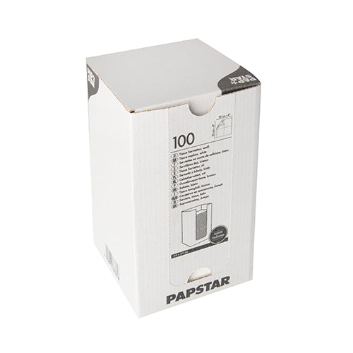 In einer weißen rechteckigen Schachtel mit der Aufschrift „PAPSTAR“ befinden sich 100 2-lagige Servietten „PUNTO“ (20x20 cm, 1/4 Falz) der PAPSTAR GmbH, seitlich aufgedruckt mit Produktdetails und einer Serviettenabbildung, fotografiert vor weißem Hintergrund.