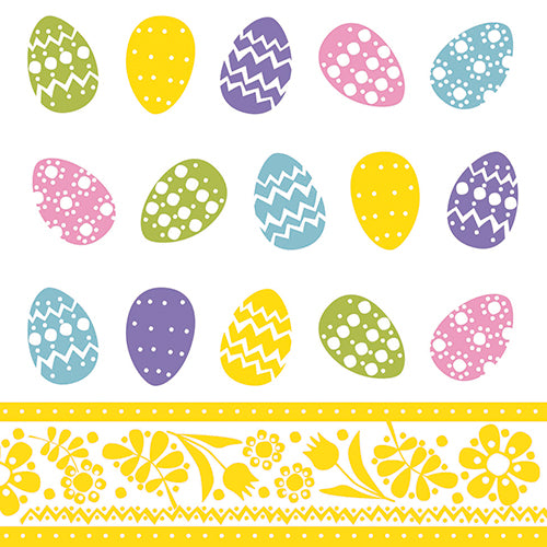 Diese 3-lagigen Servietten (100er-Pack, 33x33 cm) der PAPSTAR GmbH zeigen bunte Ostereier mit Punkten und Zickzackmuster in Gelb, Lila, Rosa, Blau und Grün über einer gelben Blumenbordüre auf weißem Grund.