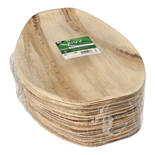 Ein Stapel PAPSTAR 25 ovale Palmblattschalen „pure“ (37x25x3 cm), biologisch abbaubar und aus Naturmaterial, teilweise in Schrumpffolie eingewickelt mit grün-weißem Produktetikett auf der oberen Platte.