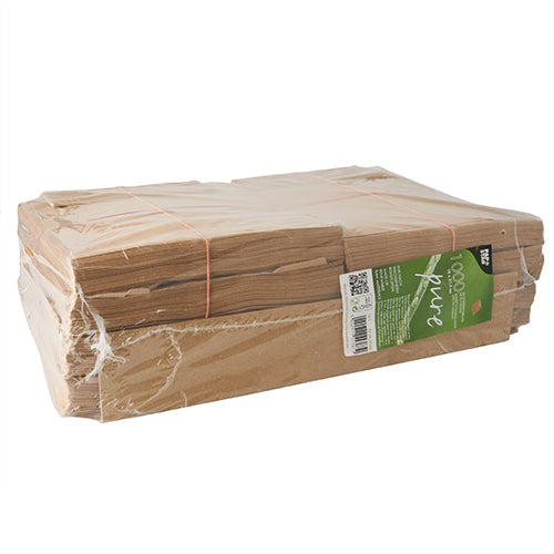 Ein Stapel PAPSTAR 1000 Sichtstreifenbeutel mit PLA-Fenster „pure“, braun, von PAPSTAR GmbH ist mit Gummibändern gebündelt, in Folie verpackt und trägt ein grünes Label für umweltfreundliche Verpackung.