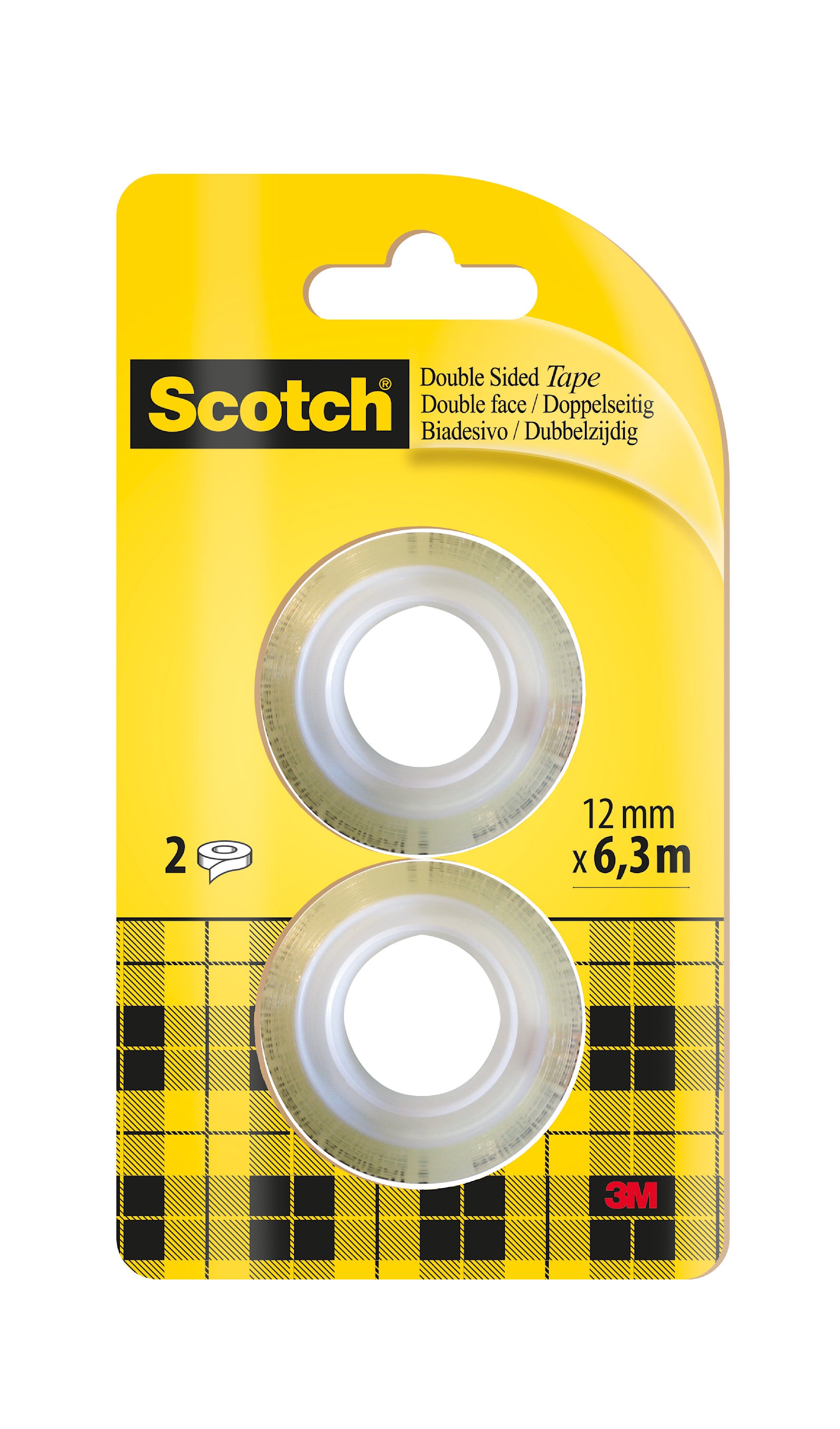 Eine Packung 3M Scotch® doppelseitiges Klebeband (Nachfüllpackung), 2 Rollen, je 12 mm x 6,3 m, von 3M Deutschland GmbH, in mehrsprachiger gelb-schwarz karierter Verpackung.