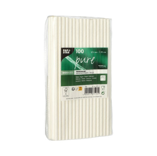 Eine durchsichtige Kunststoffpackung mit 100 weißen PAPSTAR 100 Trinkhalmen, Papier „pure“ Ø 6 mm · 20 cm von der PAPSTAR GmbH, versehen mit einem grün-weißen Etikett mit Marken- und Produktdetails; umweltfreundlich und biologisch abbaubar.