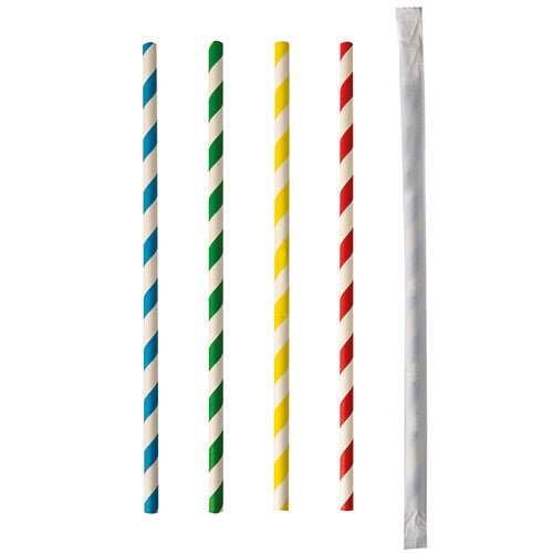Fünf PAPSTAR 100 Papier-Trinkhalme (Ø 6 mm) von PAPSTAR GmbH in diagonalen blauen, grünen, gelben und roten Streifen sowie ein einzeln verpackter Halm vor weißem Hintergrund - alle vertikal präsentiert.