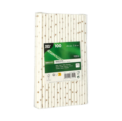 Eine Packung mit 100 PAPSTAR 6 mm Strohhalmen aus weißem Papier mit goldenen Sternen, einzeln in klarem Kunststoff verpackt. Auf dem grünen Etikett sind die Marke PAPSTAR GmbH, die Menge und der Hinweis, dass diese umweltfreundlichen Strohhalme aus Papier hergestellt sind, angegeben.