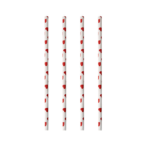 Vier PAPSTAR 100 Trinkhalme aus Papier von PAPSTAR GmbH mit kleinen roten Herzen stehen vertikal in einer Reihe auf weißem Hintergrund und zeigen das nachhaltige Design der Marke.