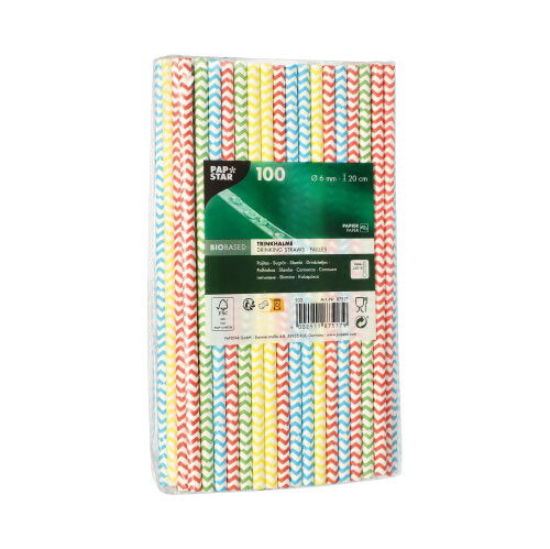 Die PAPSTAR 100 Trinkhalme der PAPSTAR GmbH sind umweltfreundliche Papierstrohhalme (Ø 6 mm) in rotem, gelbem, blauem und grünem Zickzackmuster, verpackt in Klarsichtfolie mit grün-weißem Etikett.