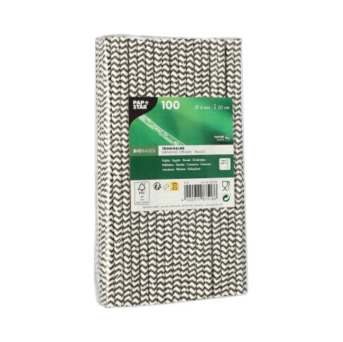 Eine Packung mit 100 PAPSTAR 6 mm Papierstrohhalmen - schwarz-weiß gestreift, von PAPSTAR GmbH - in einer biologisch abbaubaren Verpackung mit einem grünen Etikett mit Produktinformationen in mehreren Sprachen.