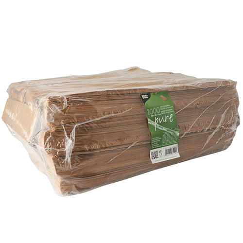 Ein großer Stapel PAPSTAR 1000 Sichtstreifenbeutel mit PLA-Fenster „pure“, braun von der PAPSTAR GmbH ist in durchsichtigem Kunststoff verpackt und mit einem grünen „1000 pure“-Tag auf einem schlichten weißen Hintergrund platziert. Das Paket ist biologisch abbaubar.