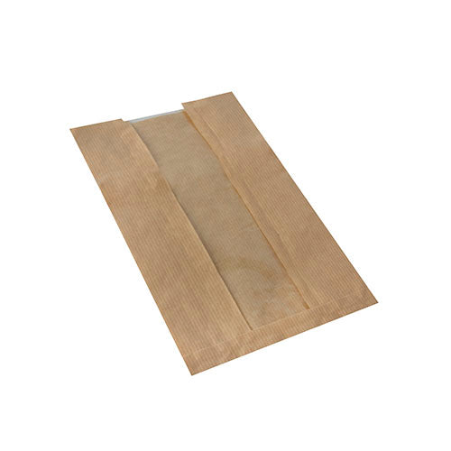 Der PAPSTAR 1000 Sichtstreifenbeutel mit PLA-Fenster „pure“ der PAPSTAR GmbH ist ein flacher, rechteckiger brauner Papierbeutel mit Mittelnaht und offenem Ende – ideal als umweltfreundliche Verpackung für nachhaltige Entscheidungen.