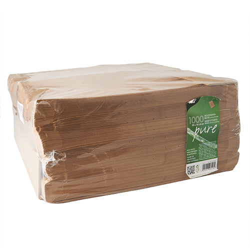 Ein Stapel PAPSTAR 1000 Sichtstreifenbeutel mit PLA-Fenster „pure“, braun von der PAPSTAR GmbH, verpackt in einer umweltfreundlichen Verpackung mit einem grün-weißen Etikett mit Produktinformationen, Barcode und einem PLA-Fenster zur einfachen Anzeige.