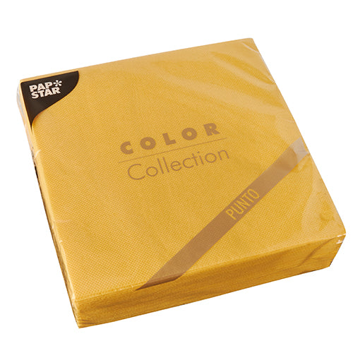 Abgebildet ist eine versiegelte Packung mit 30 PAPSTAR Servietten, 2-lagig "PUNTO" 1/4-Falz (38x38 cm) der PAPSTAR GmbH, in Gelb mit "Color Collection" und "PAPSTAR"-Aufschrift, ideal für Tischdekoration, auf weißem Hintergrund.