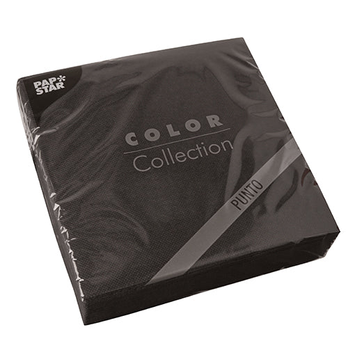 Eine Packung mit 30 schwarzen PAPSTAR 2-lagigen Servietten „PUNTO“ (38x38 cm, 1/4 Falz) der PAPSTAR GmbH – ideal für eine elegante Tischdekoration und sauber verpackt in Klarsichtfolie.