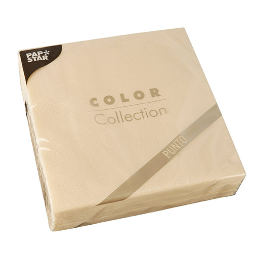 Eine versiegelte Packung mit 30 PAPSTAR-Servietten, 2-lagig „PUNTO“ 1/4-Falz (38 x 38 cm), von der PAPSTAR GmbH, mit beigem Punkt-Muster-Design und durchsichtiger Kunststoffverpackung.