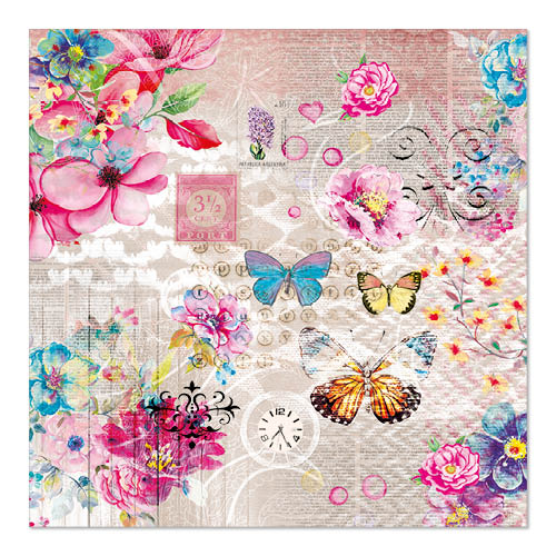 PAPSTAR 20 Servietten, 33 cm x 33 cm 3-lagig, Set 2 von PAPSTAR GmbH zeigt eine lebendige Collage aus Blumen, Schmetterlingen und Vintage-Motiven auf einem strukturierten Hintergrund - perfekt, um jeden Tisch zu verschönern.