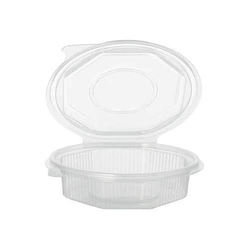 Die Starpak 50 Verpackungsbecher mit Klappdeckeln sind transparente, 8-eckige Becher aus Polypropylen mit praktischem Klappdeckel, die geöffnet vor einem weißen Hintergrund abgebildet sind.