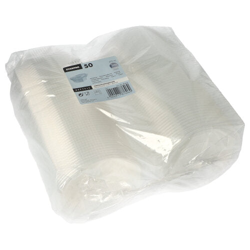 Eine versiegelte Kunststoffverpackung mit 50 Starpak-Verpackungsbechern mit Klappdeckeln, PP, transparent, 8-eckig, jeder Becher mit Mengen- und Produktinformationen beschriftet.
