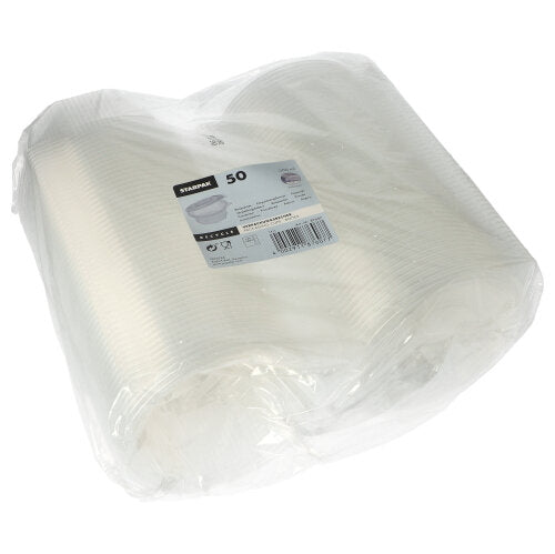 Eine durchsichtige Plastiktüte mit 50 Starpak Verpackungsbechern mit Klappdeckeln, PP transparent 8-eckig – praktische Einwegbecher für den täglichen Gebrauch.