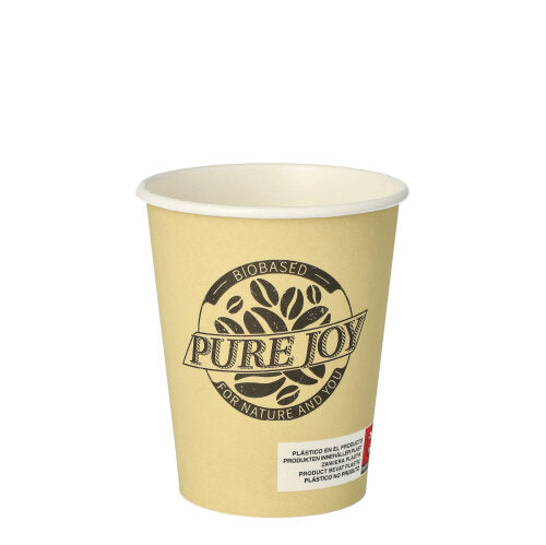 Der PAPSTAR 20 Trinkbecher (Pappe, 0,2 l, Ø 8 cm) der PAPSTAR GmbH ist ein beiger Ökobecher mit „PURE JOY“, Kaffeebohnen-Grafik in Schwarz, „BIOBASED FOR NATURE AND YOU“ und einem kleinen weiß-roten Etikett am Boden.