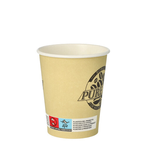 Ein einzelner PAPSTAR 20 Trinkbecher, Pappe 0,2 l Ø 8 cm von der PAPSTAR GmbH wird auf einem schlichten weißen Hintergrund mit beigem Design, schwarzem Logo und Text sowie einem Umweltetikett mit Symbolen und Warnhinweisen am unteren Rand abgebildet.