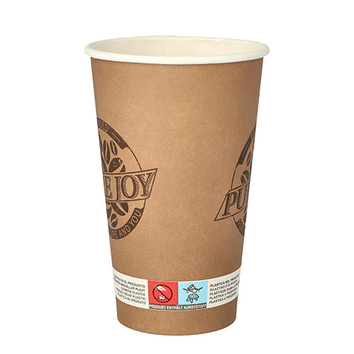 Der PAPSTAR 20 Trinkbecher (0,4 l) aus brauner, biologisch abbaubarer Pappe von PAPSTAR GmbH zeigt Logos und Warnsymbole, besitzt ein weißes Innenleben und wird ohne Deckel vor weißem Hintergrund präsentiert.