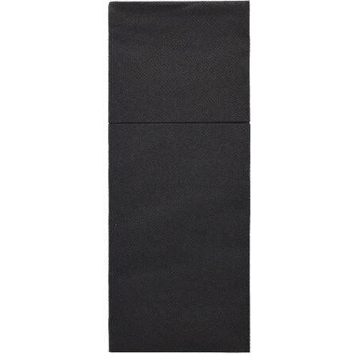 Die Starpak 100 Bestecktaschen, Airlaid 40x48 cm mit Besteckfalz, zeichnen sich durch ein elegantes schwarzes rechteckiges Design mit einer dezenten horizontalen Unterteilung und einer strukturierten Airlaid-Oberfläche aus, die an elegante Tischdekoration erinnert.