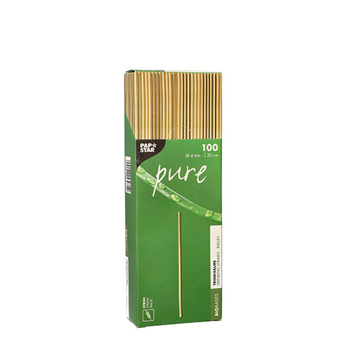 Eine grüne „pure“-Box der PAPSTAR GmbH enthält 100 Strohhalme (Ø 4 mm, 20 cm). Die umweltfreundliche Verpackung präsentiert sie als nachhaltige Alternative zu Plastik. Auf der Vorderseite ist ein Strohhalm abgebildet.