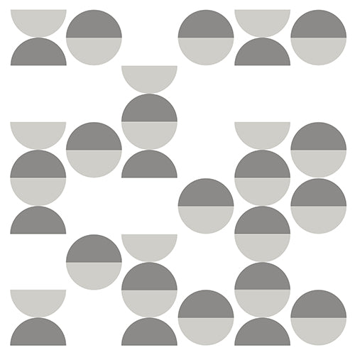 Die PAPSTAR 20 Servietten (33 cm x 33 cm, 3-lagig, 1/4-Falz Design Set 2) der PAPSTAR GmbH zeigen ein geometrisches Muster aus grauen und hellgrauen Kreisen und Halbkreisen auf weißem Grund.