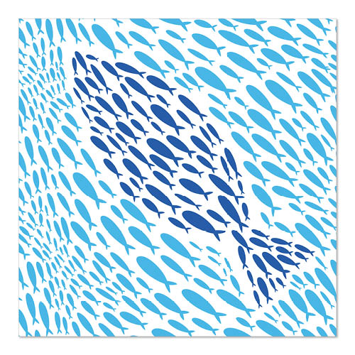Kleine blaue Fische bilden einen größeren Fisch in verschiedenen Blautönen auf weißem Grund. Dieses Motiv ziert die 20 Servietten, 33 cm x 33 cm, 3-lagig, Design Set 6 der PAPSTAR GmbH und bringt Charme auf den gedeckten Tisch.